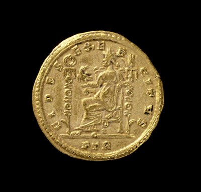 Constantinus I Suuren (306–337 jKr.) Solidus (kääntöpuoli) kuvaa Fidesin istuvan vasemmalla valtaistuimella. Kirjoitus: FIDES EXERCITVS (kulta) (kääntöpuoli katso 119150) tekijältä Roman