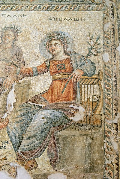 Apollon ja Marsyaksen mosaiikki, Plinius ja Apollon yksityiskohta, Aionin talo, Paphos, Kyproksen mosaiikki tekijältä Roman
