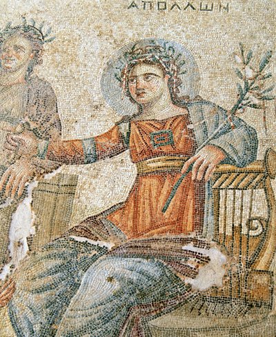 Apollon ja Marsyaksen mosaiikki, Plinius ja Apollon yksityiskohta, Aionin talo, Paphos, Kyproksen mosaiikki tekijältä Roman