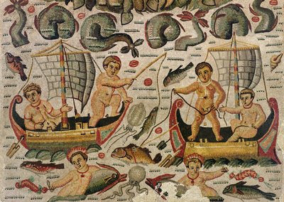 Neptunuksen ja Amphitriten riemuvoitto, yksityiskohta kuppiksen kalastuksesta mosaiikki tekijältä Roman