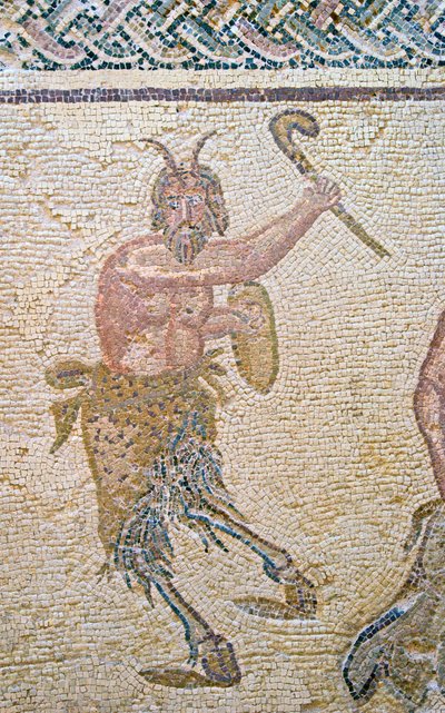 Dionysoksen voitto, Panin yksityiskohta, Dionysoksen talo, Pafos, Kyproksen mosaiikki tekijältä Roman