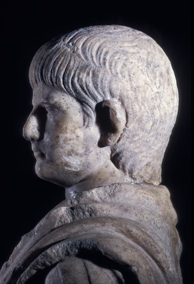 Nuoren Neron togaate-patsas, sivukuva päästä, noin 50 jKr (marmori) (140378:n yksityiskohta) tekijältä Roman