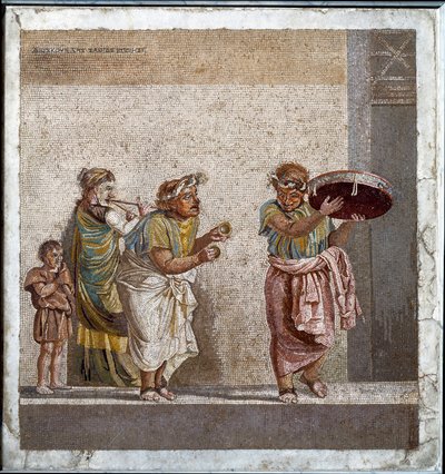 Matkustavia muusikoita, jotka ovat omistautuneet jumalallisen Cybelen palvontaan. Mosaiikki alkuperäisen Dioscorides of Samoksen (tai Dioscourides) (2. vuosisadalla eKr.) mukaan Ciceronin talossa Pompejissa tekijältä Roman