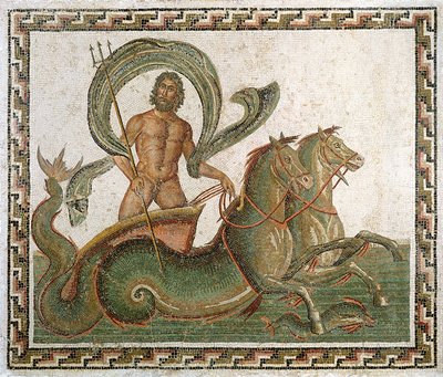 Neptunuksen voitto, jalkakäytävä Wadi Blibanen talosta, Sousse (muinainen Hadrumetum) (mosaiikki) tekijältä Roman
