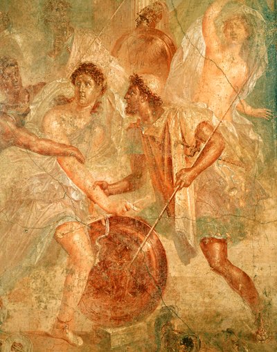 Ulysses ja Diomedes tunnistavat Akhilleuksen, joka oli naamioitunut naispyrrhaksi Lycomedoksen tyttärien joukossa Pompejista (fresko) tekijältä Roman