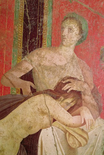 Nainen lohduttamassa vihkiytynyttä, eteläseinä, Oecus 5, 60-50 eKr. fresko, yksityiskohta kuvista 57190 ja 161043. tekijältä Roman
