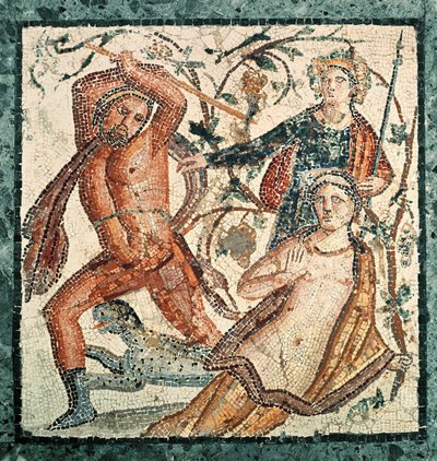 Lycurgus hyökkäämässä Nymfi Ambrosiaa vastaan, mosaiikki Herculaneumista (50-79 jKr.) tekijältä Roman Imperial Period