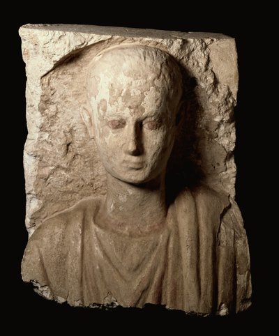 Nuoren pojan ylävartaloa esittävän veistetyn muistomerkin katkelma, koptilainen kausi, noin 300 jKr. (kalkkikivi) tekijältä Roman Period Egyptian