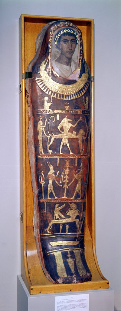Maalattu ja kullattu Artemidoruksen muumiokotelo hellenistiseen tyyliin enkaustisella muotokuvalla, Hawarasta (maalattu ja kullattu stukko) (katso myös 46817 ja 26166) tekijältä Roman Period Egyptian