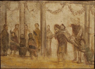 Oppilaan rangaistus. Fresko Julia Felixin talosta, 1. vuosisadalla. tekijältä Roman Pompeian wall painting.