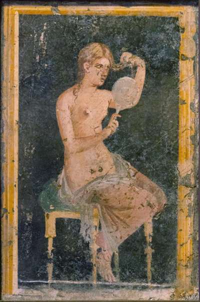 Nainen peilin kanssa, 1. H. 1. vuosisata. ILMOITUS. tekijältä Roman Pompeian wall painting.