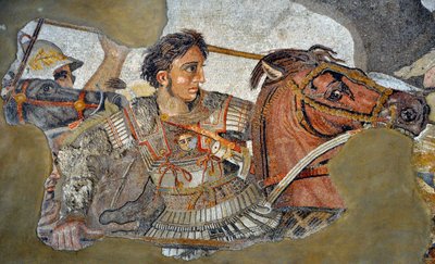 Aleksanteri Suuri (356 - 323 eKr.) hevosellaan Bucephale - yksityiskohta Pompejin mosaiikista: Issoksen taistelu Aleksanterin ja Dareioksen välillä (4. vuosisata eKr.). - opus vermiculatum - Musee Archeologique de Naples, Italia - Museo Archeologico Nazion tekijältä Roman Roman