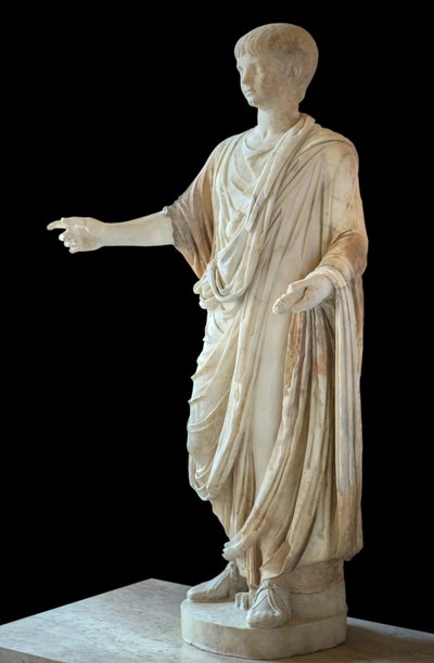 Art Rome -lapsi pukeutunut togaan ja pukeutunut kuplaan (bulla), pää on Neron lapsen pää. tekijältä Roman Roman