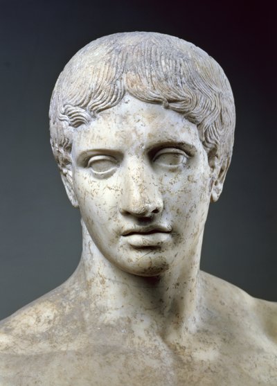 Urheilija, joka tunnetaan nimellä "Doryphorous", pään yksityiskohta, roomalainen kopio Polykleitoksen (fl.c.450-c.415 eKr.) alkuperäisen Pompejissa (marmori) (yksityiskohta 119501) tekijältä Roman Roman