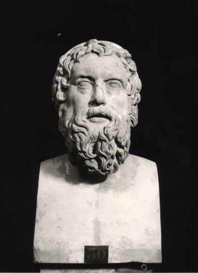 Aristophanesin rintakuva (n. 445 - n. 385 eKr.) (marmori) (mv/w valokuva) tekijältä Roman Roman