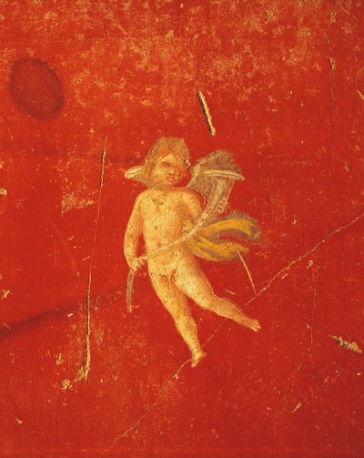 Kerubi punaisella pompeilaisella taustalla, fresko neljänteen pompeilaiseen tyyliin, House of Pinario Ceriale, Pompei, Campania, roomalainen sivilisaatio tekijältä Roman Roman