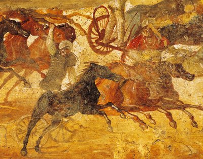 Yksityiskohta freskosta, joka kuvaa qurigas-kilpailua Pompejista, Italiasta tekijältä Roman Roman