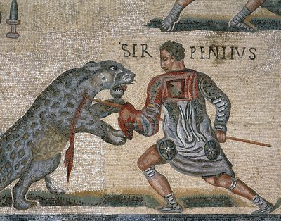 Yksityiskohta gladiaattoritaistelun mosaiikista, alun perin Torre Nuovasta tekijältä Roman Roman