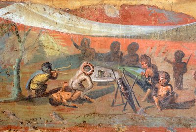 Yksityiskohta maalauksesta, joka kuvaa Niilin varrella kipsille asetettua kohtausta pygmien kanssa, 56x217 cm, Pompejista, Unescon maailmanperintöluettelosta tekijältä Roman Roman