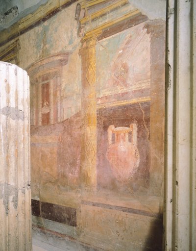 Yksityiskohta freskoista Triklinium-hallissa, Labyrinttitalo, Pompeji, Campania, Roomalainen sivilisaatio tekijältä Roman Roman