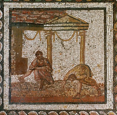 Viljelijät kylvävät papuja (mosaiikki) tekijältä Roman Roman