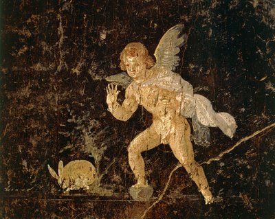 Fresko, joka kuvaa Cupidoa metsästämässä jänistä Pompejista, Napolin maakunnasta, Italiasta, roomalaisesta sivilisaatiosta tekijältä Roman Roman