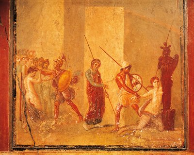 Fresko, joka kuvaa Priamuksen, Menelaoksen ja Helenan kohtaamista kuninkaallisessa palatsissa, Pompejissa, Campaniassa, roomalaisessa sivilisaatiossa tekijältä Roman Roman