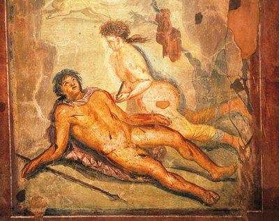 Pyramuksen ja Thisben myyttiä kuvaava fresko, Loreius Tiburtinon talo, Pompei, Campania, roomalainen sivilisaatio tekijältä Roman Roman