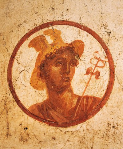 Fresko, joka kuvaa miehen muotokuvaa valkoisella pohjalla, House of Ancient Hunt, Pompeii, Campania, roomalainen sivilisaatio tekijältä Roman Roman