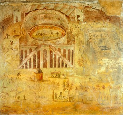 Fresko, joka kuvaa pompeilaisten ja Nocerinin välistä riitaa amfiteatterissa, Pompejista, Campaniasta, roomalaisesta sivilisaatiosta tekijältä Roman Roman