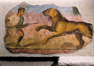 Gladiaattori taistelee leijonaa vastaan (fresko) tekijältä Roman Roman