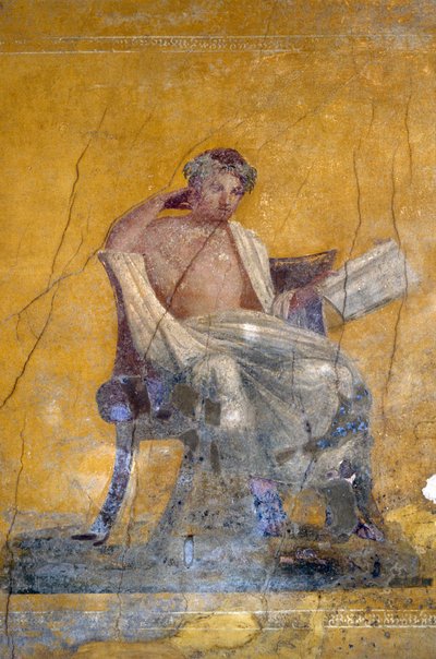 Kreikkalainen runoilija Menander, fresko Menanderin talosta Pompejista (UNESCOn maailmanperintöluettelo) tekijältä Roman Roman