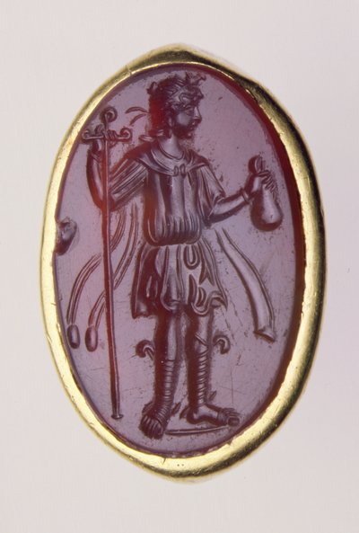 Syväpainosetti kultasormukseen, joka kuvaa nuorta mieshahmoa, 2. vuosisadalla eKr. (kulta ja sardi) tekijältä Roman Roman