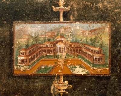 Maisema ja arkkitehtuuri seinämaalauksessa tablinumissa, 3. Pompeian tyyli, Marco Lucrezio Fronton talo, Pompejista, Campaniasta, Italiasta tekijältä Roman Roman
