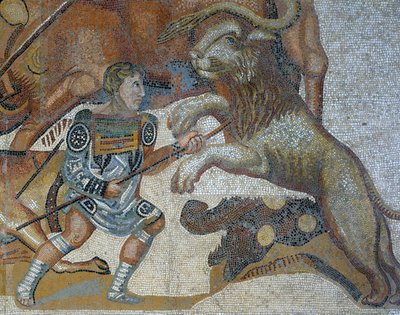 Mosaiikki, jossa näkyy kohtaus pedon metsästyksestä, yksityiskohta gladiaattorista, joka tappaa villieläimen tekijältä Roman Roman