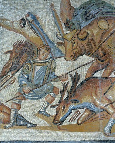 Mosaiikki, jossa näkyy kohtaus pedon metsästyksestä, yksityiskohta gladiaattorista tappamassa eläimen tekijältä Roman Roman