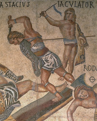 Mosaiikki, jossa on kohtaus taistelevista gladiaattoreista, yksityiskohta panssariin pukeutuneesta gladiaattorista tekijältä Roman Roman