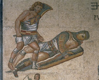 Mosaiikki, jossa on kohtaus taistelevista gladiaattoreista, yksityiskohta panssariin pukeutuneesta gladiaattorista tekijältä Roman Roman