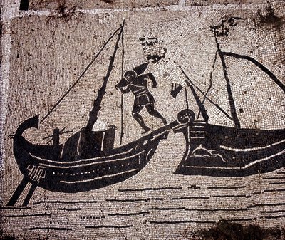 Ostia (Ostia) Muinainen, Place des Corporationsin mosaiikki. Veneen lastaus. tekijältä Roman Roman