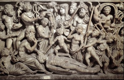 Prometeo loi uomon: Promethee loi ensimmäisen ihmisen. Sarkofagi, joka edustaa Prometheen myyttiä. Kreikan ja roomalaisen mytologian hahmojen kanssa: Promethee, Psyche, pikku rakkaudet, Hermes, psykopaattijumala, Parques (kaapit), Poseidon, tekijältä Roman Roman