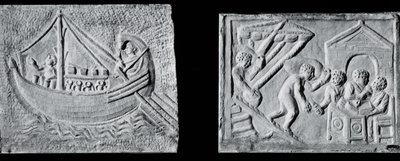 Kauppalaivaa kuvaava reliefi (Museo Nazionale, Rooma) ja reliefi, joka kuvaa aluksen purkamista (Museo Torlonia, Rooma) 3. tai 4. vuosisadalla (kivi) (m/v kuva) tekijältä Roman Roman