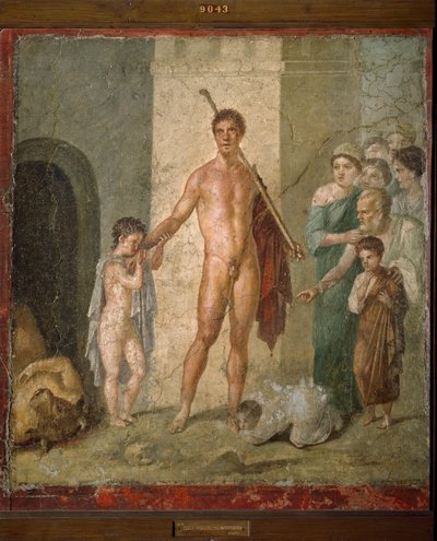 Esitys Theseesta, kreikkalaisen mytologian sankareista, vapauttaen seitsemän nuorta miestä sokkelosta minotauroksen voiton jälkeen. Fresko Villa de Gavius Rufusista Pompejista. Himmeä. 88x97 cm Napolin arkeologinen museo - Roomalainen taide: esitys o tekijältä Roman Roman