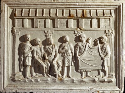 Roomalainen taide: matala kohokuvio, joka edustaa kangasta ja kuvakudoksia. Alkuperäiskappale 2. vuosisadalta jKr. Rooman Museo della Civilta Romana tekijältä Roman Roman