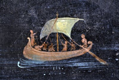 Roomalainen taide: jokimaisema - vene ja merimiehet joella (joella) - fragmentti Pompein freskosta, joka on säilytetty Napolin arkeologisessa museossa, Italiassa - Museo Archeologico Nazionale, Napoli, Italia - valokuva Patrice Cartier - tekijältä Roman Roman