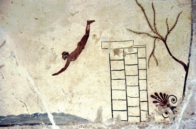 Roomalainen seinämaalaus haudasta nimeltä sukeltaja (tuffatore). tekijältä Roman Roman