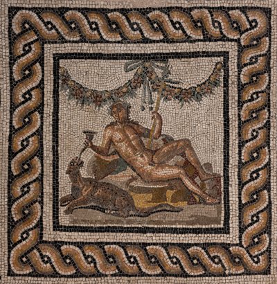Dionysoksen talo, yksi Ortaglian roomalaisista douksista: yksityiskohta Dionysosta ja pantteria edustavasta mosaiikkilattiasta (mosaiikki) tekijältä Roman Roman