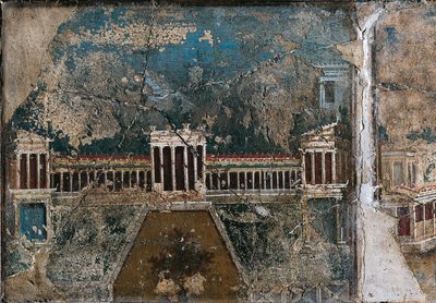 Kolmannen tyylin fresko, joka kuvaa arkkitehtonista maisemaa, yksityiskohta rakennuksesta, jota reunustaa pylväikuuri, Pompejista tekijältä Roman Roman