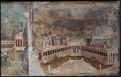 Kolmannen tyylin fresko, joka kuvaa arkkitehtonista maisemaa, pylväskuistin yksityiskohta, Pompejista tekijältä Roman Roman