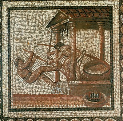 Kaksi miestä puristamassa öljyä (mosaiikki) tekijältä Roman Roman