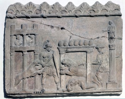Venatio areenoilla. Alempi kohokuvio roomalaisesta epotista. Kansallinen roomalainen museo tekijältä Roman Roman